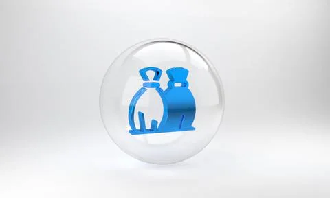 Blue Garbage bag icon isolated on grey background. Glass circle button. 3D re Illustrazione stock