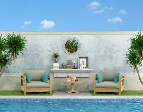Blue garden with pool Illustrazione stock