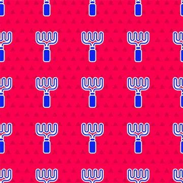Blue Garden rake icon isolated seamless pattern on red background. Tool for Stock Illustration