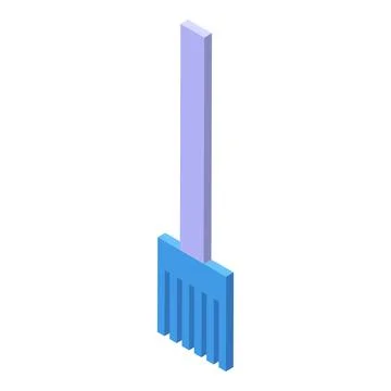 Blue garden rake standing with long wooden handle isometric 3d icon Illustration