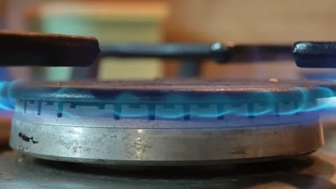 Blue gas flame flickering on kitchen stovetop Stock-Footage 307103465