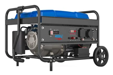Blue Gasoline Generator with frame and wheels, 3D rendering Stock Illustration