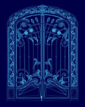 Blue gate with a flower design. The gate is closed and the flowers are in the Stock Illustration