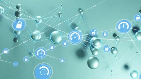 Blue gauge fading in, network being populated and expanding with nodes and locks Stock Footage 330195432