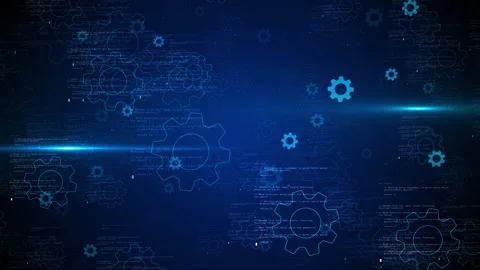 Blue gear automation background with floating cog shapes, code textures, lens Stock Footage 334125963