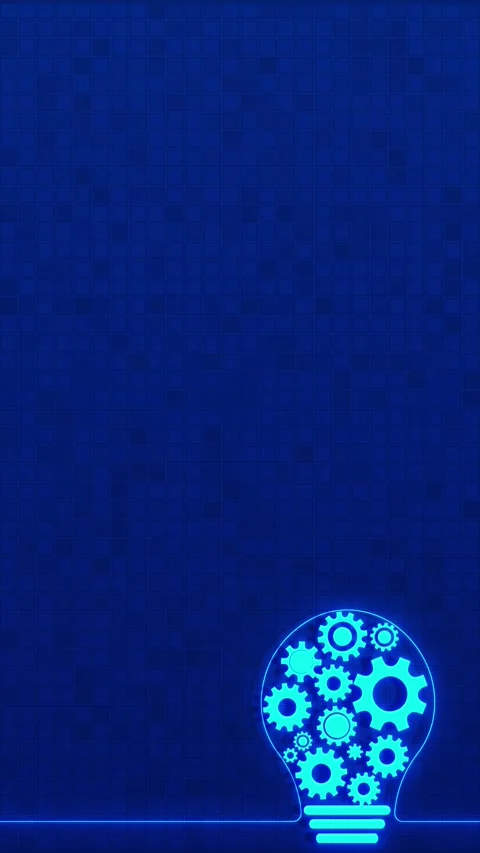 Blue gear light bulb glowing mechanical icons, grid texture, empty copy space fo Stock Footage 340568889