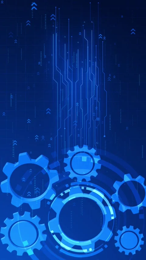 Blue gear technology large mechanical icons, circuit lines, arrow details, clean Stock Footage 340528523
