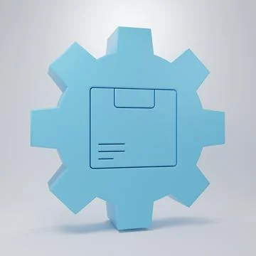 Blue Gear wheel with package box icon isolated on grey background. Box, pac.. Stock Illustration