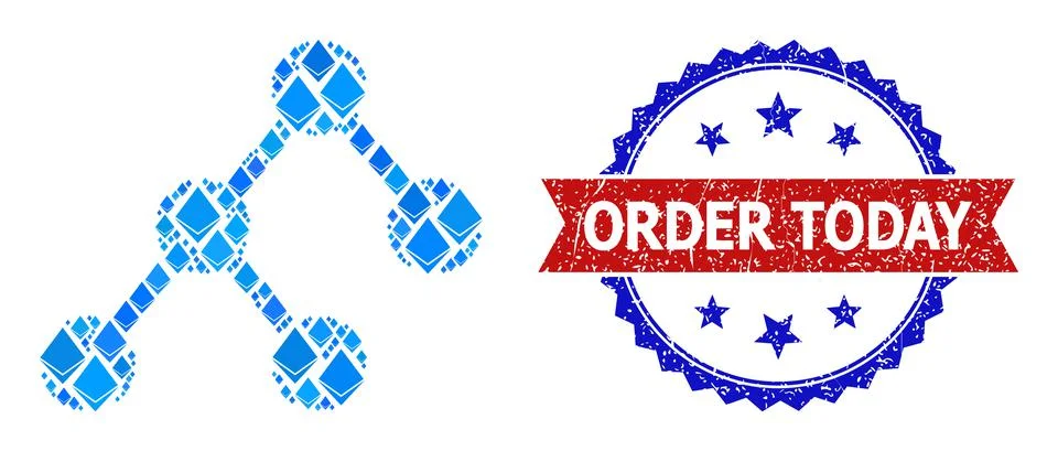 Blue Gem Collage Binary Structure Icon and Grunge Bicolor Order Today Stamp Seal Stock Illustration
