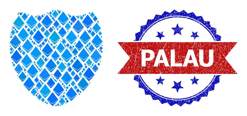 Blue Gem Collage Shield Icon and Distress Bicolor Palau Watermark 스톡 일러스트
