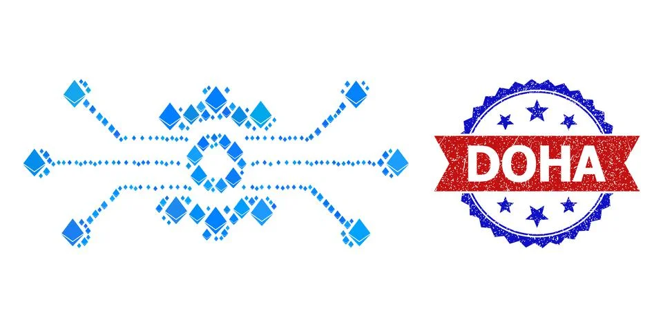 Blue Gem Collage Solution Cog Icon and Textured Bicolor Doha Stamp Seal Illustrazione stock