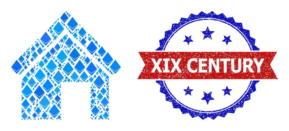 Blue Gem Composition Old Decayed House Icon and Textured Bicolor XIX Century Stock Illustration
