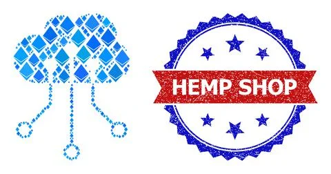 Blue Gemstone Collage Cloud Network Icon and Textured Bicolor Hemp Shop Stamp Stock Illustration