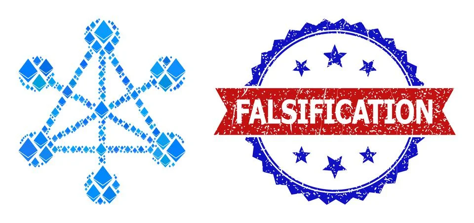 Blue Gemstone Mosaic Network Nodes Icon and Distress Bicolor Falsification Stock Illustration