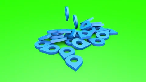 Blue geolocation icons fall on green screen. 3D animation. Stock Footage 281148546