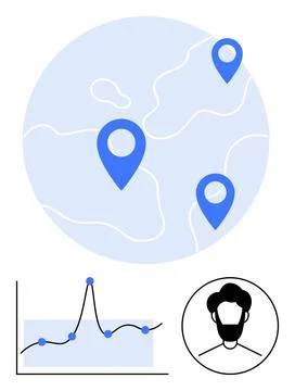 Blue geolocation pins on a world map connecting data trends and a user avatar Illustrazione stock