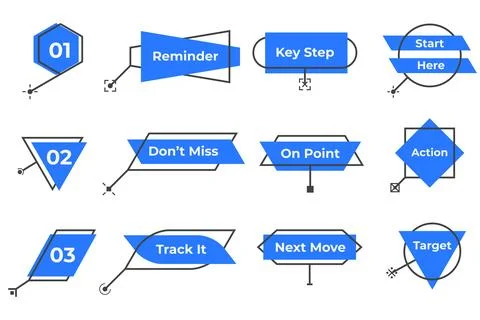 Blue geometric callout labels with text and outline shapes Stock Illustration