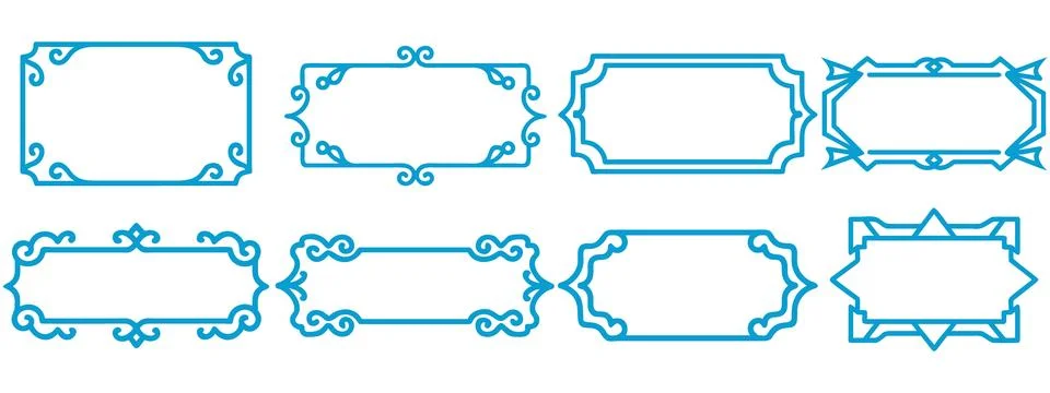 Blue geometric frame borders with sharp corners and scroll patterns. Stock Illustration