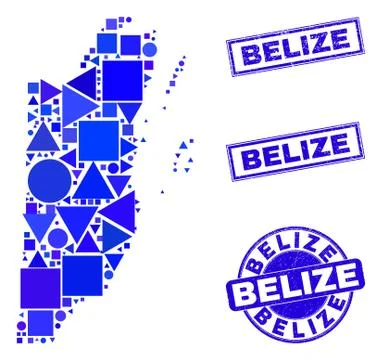 Blue Geometric Mosaic Belize Map and Seals Stock Illustration