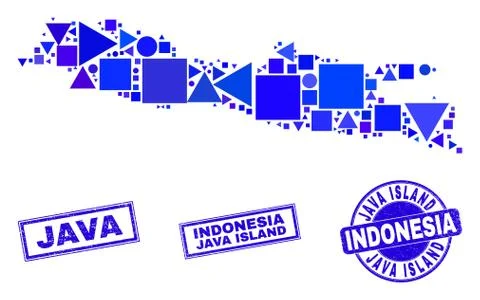 Blue Geometric Mosaic Java Island Map and Stamps イラスト素材