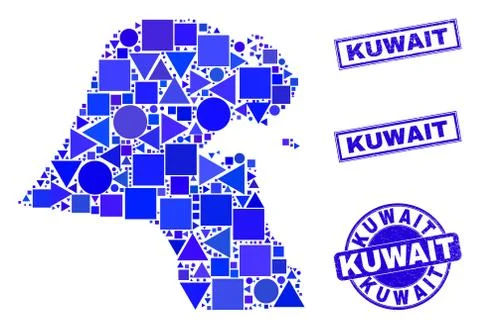 Blue Geometric Mosaic Kuwait Map and Seals Illustrazione stock