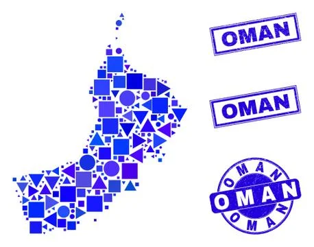 Blue Geometric Mosaic Oman Map and Stamps Stock Illustration
