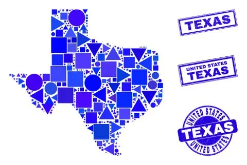 Blue Geometric Mosaic Texas State Map and Stamps イラスト素材