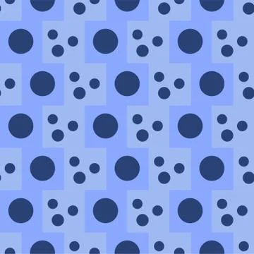 Blue geometric pattern of small and large circles and squares. Dark blue circles Stock Illustration