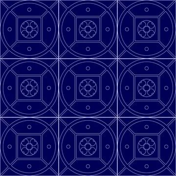 Blue Geometric Pattern with Symmetrical Concentric Circles and Lines Stock Illustration