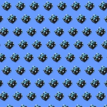 Blue geometric pattern with wrapped black present boxes tied ribbons and bows Illustrazione stock