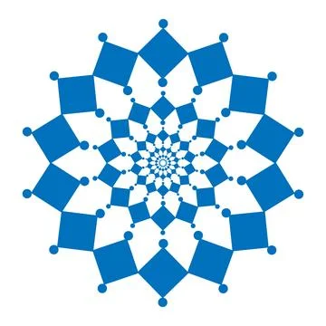 Blue geometric radial pattern of squares and circles creating a starburst Stock Illustration