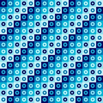 Blue Geometric Seamless Pattern - Abstract Mosaic Checkered with Circles 스톡 일러스트