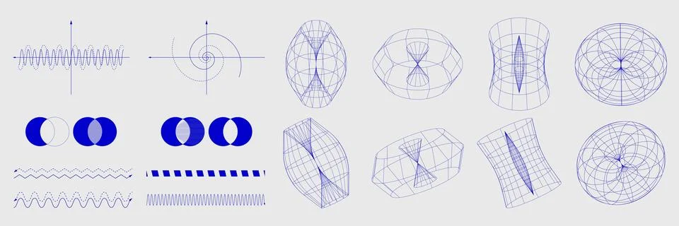 Blue geometric structures, waveforms, mathematical models, and optical grid Stock Illustration