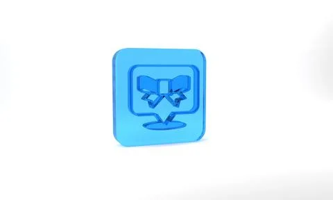 Blue Gift bow icon isolated on grey background. Glass square button. 3d Stock Illustration