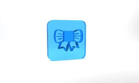 Blue Gift bow icon isolated on grey background. Glass square button. 3d Stock Illustration
