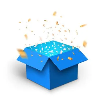 Blue gift box confetti explosion. Magic open surprise gift box package Stock Illustration