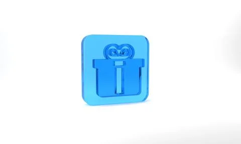 Blue Gift box icon isolated on grey background. Glass square button. 3d Stock Illustration