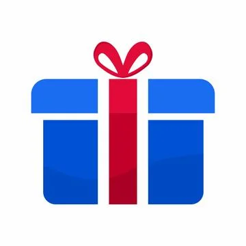 Blue Gift Box Icon with Red Ribbon and Bow Vector. Party, Birthday Icon vecto Stock Illustration