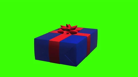 Blue gift box, red ribbon and bow rotating on green screen or chroma key Stock Footage 221571071