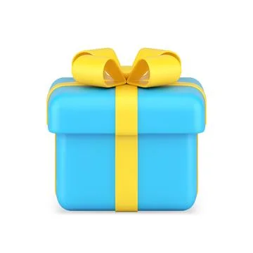 Blue gift box side view 3d icon. Celebration surprise tied gold ribbon with.. Stock Illustration