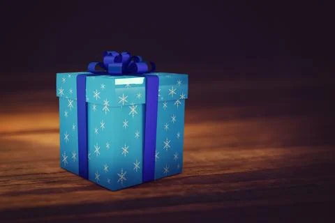 Blue gift box with snowflake-print is sitting on wooden tabletop in 3D render Stock Illustration