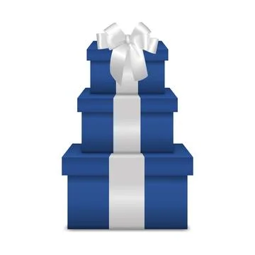 Blue Gift Box Tower With White Ribbon. Stacked Blue Gift Boxes, Elegant Present Stock Illustration