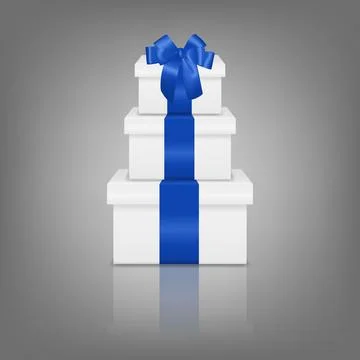 Blue Gift Box Tower With White Ribbon. Stacked Blue Present Boxes, Luxury Gift Stock Illustration