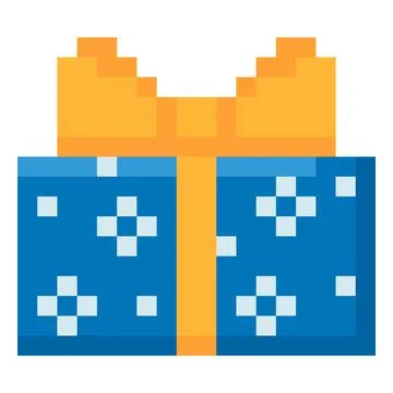 Blue gift box with yellow ribbon bow vector pixel art, cartoon 8 bit video game Stock Illustration