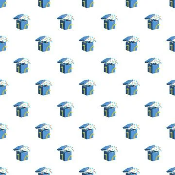 Blue gift boxes opening with flying confetti seamless pattern Stock Illustration