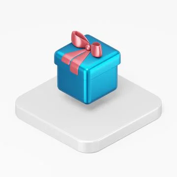 Blue gift icon with a red bow. 3d rendering square button key isometric view, Stock Illustration