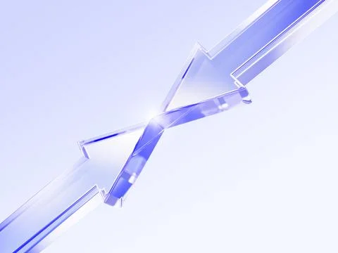Blue glass 3d arrows pointing towards each other in center. Concept of Stock Illustration