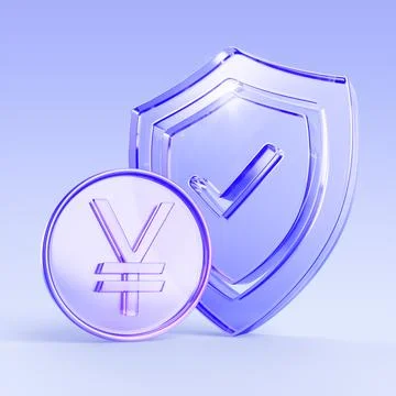 Blue glass 3D shield icon with yuan or yen coin. Asian money safety, capital Stock Illustration