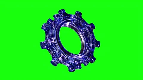 Blue Glass Abstract Cog 3D Shape Rotating on Green Screen, 4K Stock Footage 348317474