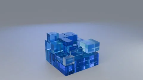 Blue Glass Cube Modules Assembling into Structured Block Stock Footage 347721360